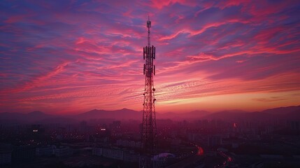 Vibrant Sunset Hues Over Cityscape with Communication Tower