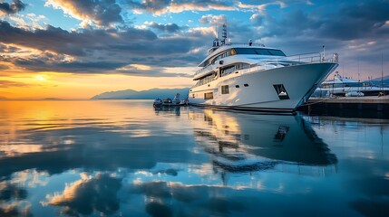 Naklejka premium Luxury Yacht at Sunset Dock. Concept of Wealth, Travel, and Relaxation.