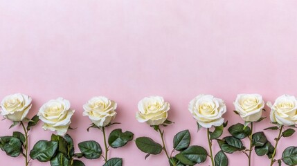 Obraz premium Cream roses arranged on pink background.
