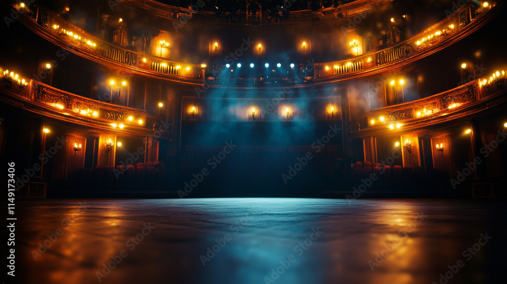 Poster empty theater stage illuminated with warm lights and fog in evening atmosphere.