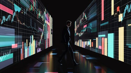 Obraz premium Businessman Walking Through Animated Chart Corridor