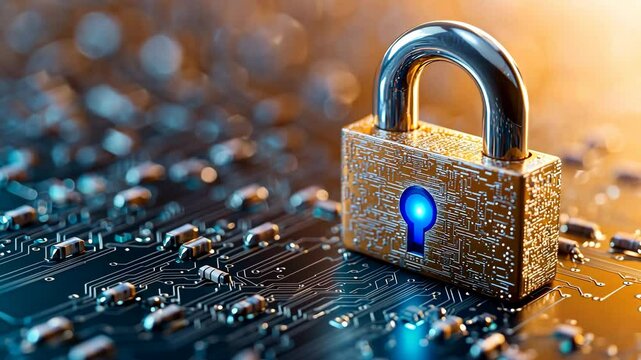 A horizontal lock with a blue light on an electronic circuit symbolizes robust cyber security measures in place to protect sensitive business data and ensure privacy for customers and clients.
