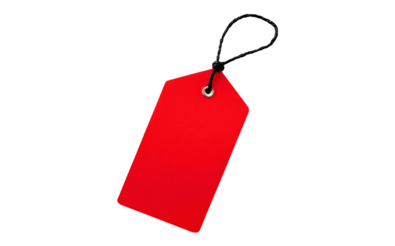 A red price tag with a string, perfect for labeling items or gifts Isolated on transparent background