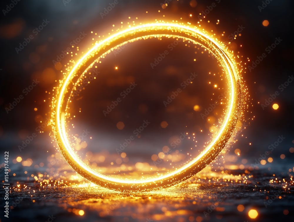 Poster abstract glowing gold circle design element on dark background. circular frame with bright light eff