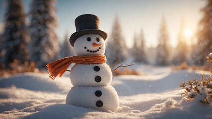 Obraz premium Winter snow scene with snowman wearing orange knitted scarf and black hat under twilight sky with snowy trees