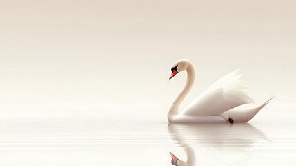 Fototapeta premium Serene white swan gracefully floats on calm water, reflecting its elegant form.
