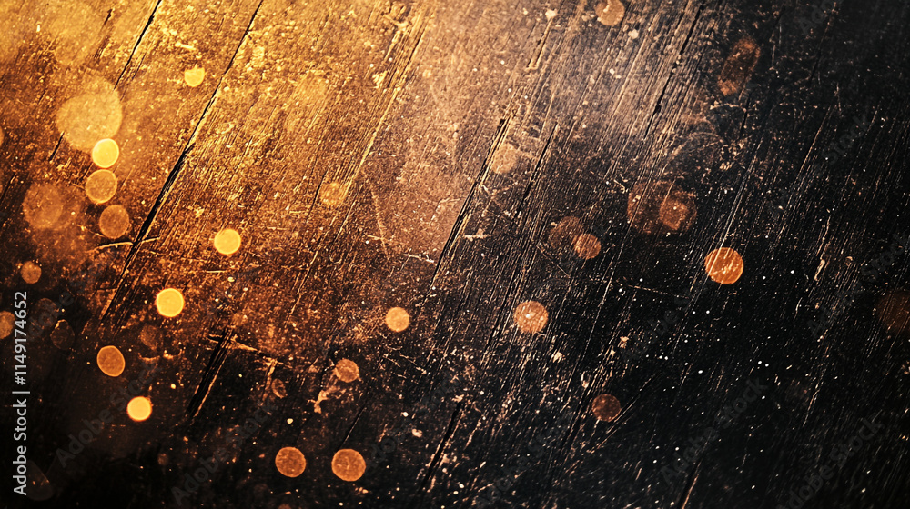Poster golden glittering patterns on a textured dark surface during low light.