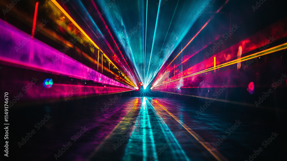 Poster vibrant laser light display creates colorful patterns in dark environment.