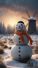 Obraz premium Winter wonderland with snowman in black hat and orange scarf surrounded by snow-covered trees under twilight sky