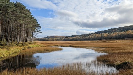 Serene Autumnal Landscape: A Calm River Reflects the Golden Marshes and Majestic Forest