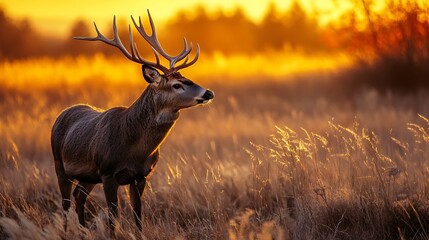 Majestic deer at golden sunset. Wildlife, nature, autumn.