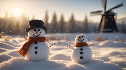 Obraz premium Joyful snowman with orange scarf and black hat posing in snowy landscape surrounded by pine trees during twilight