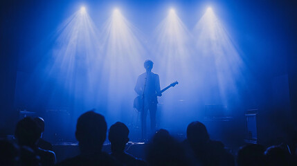 Guitarist performing on stage with dramatic lighting and audience in view. 