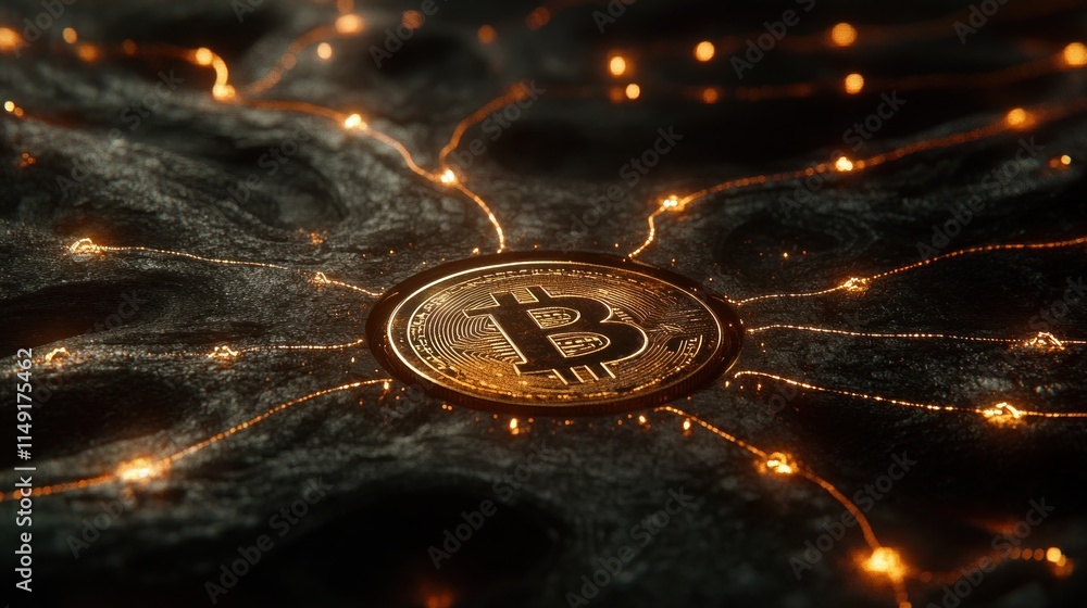 Poster close-up of a gold bitcoin on a dark, textured surface with glowing lines connecting it to other poi