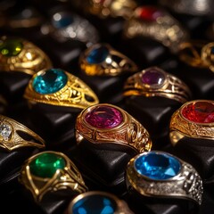Golden rings with colorful gemstones in ornate settings on display