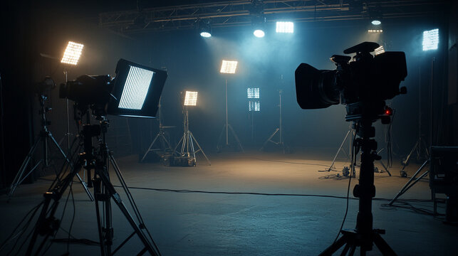Film studio setup with lights and cameras ready for production in dim lighting. 