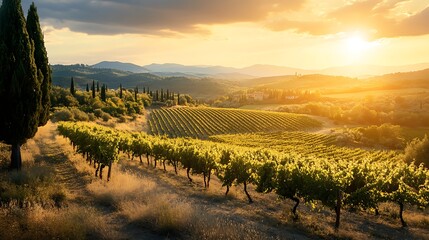 Fototapeta premium Tuscan Vineyard Sunset. Scenic landscape of vineyards at golden hour.