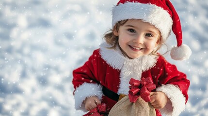 Child in Santa Claus Outfit Holding Gift Bag