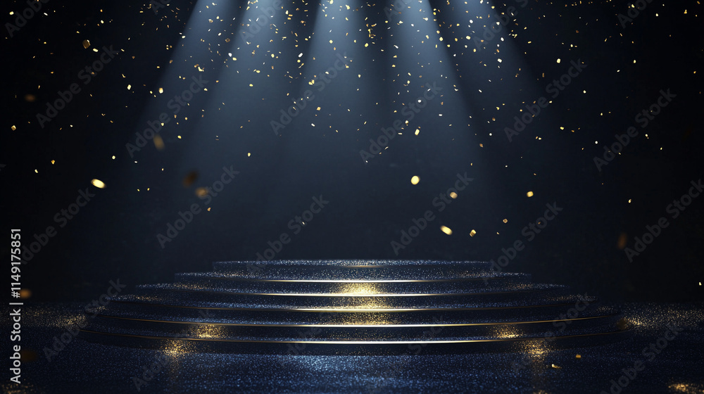 Poster stage illuminated by bright lights with sparkling particles during an event.