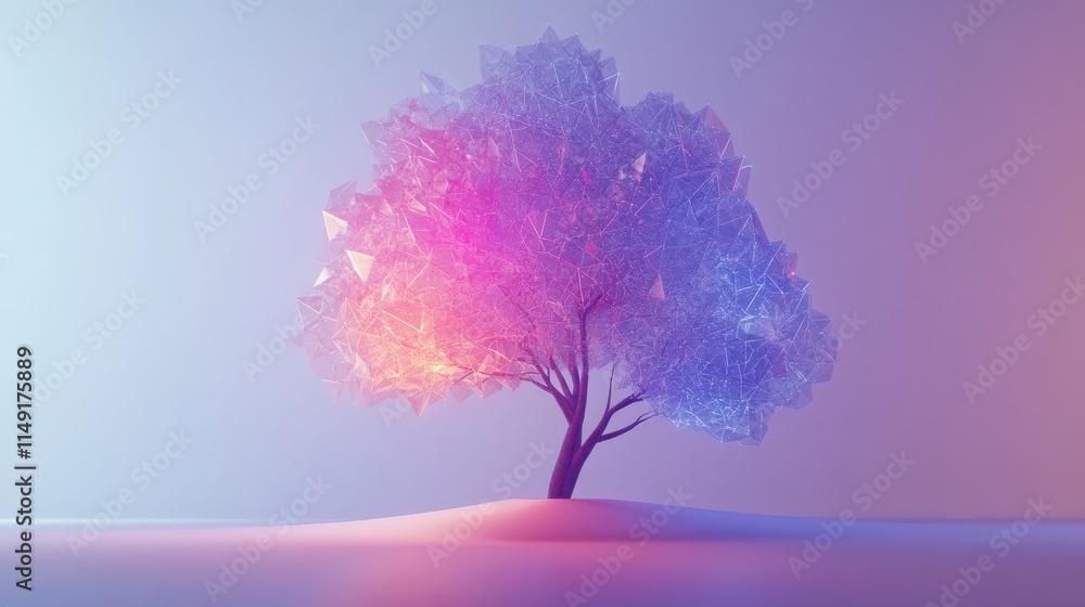 Poster abstract glowing tree with geometric shapes in soft color palette