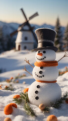 Obraz premium Snowman in black hat and orange knitted scarf glowing under twilight sky surrounded by snowy pine trees