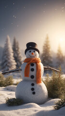 Obraz premium Snowman in black hat and orange scarf standing on a snowy field surrounded by pine trees under the glowing twilight sky