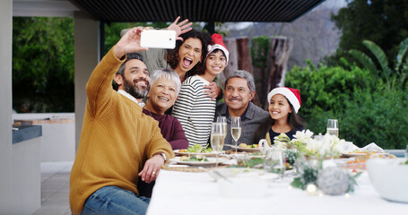 Christmas, happy or family with selfie at dinner by home for holiday memory, profile picture update or bonding. People, parents or grandparents with kids on patio for celebration, care or photography