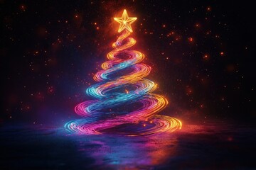 Neon Christmas tree glows with swirling light trails. Vivid colors like purple pink blue green yellow orange swirl around tree shape. Star on top. Dark background. Festive magical holiday scene.