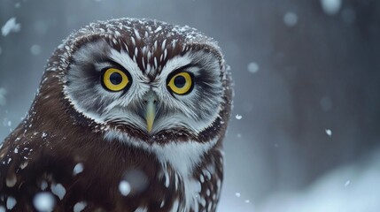 Close-up of a snowy owl in a blizzard.