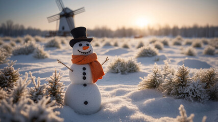 Obraz premium Snowman smiling in orange scarf and black hat surrounded by snow-covered landscape and tall pine trees during twilight