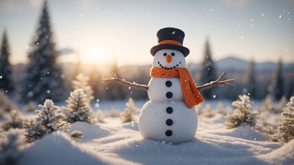 Snowman smiling under twilight sky wearing orange scarf and black hat in snowy pine forest