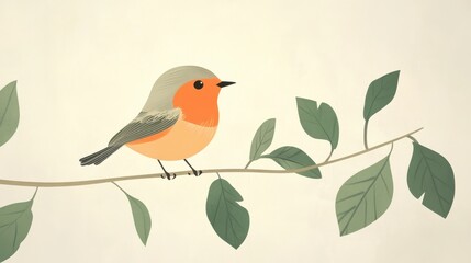 Cute Illustrated Bird Perched on Leafy Branch with Neutral Background