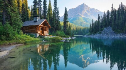 Fototapeta premium Serene Mountain Cabin by Tranquil Lake Surrounded by Evergreen Trees