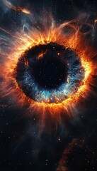 Fiery cosmic eye nebula in space.