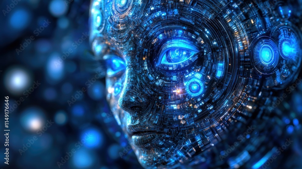 Poster close-up of a robotic female face with glowing blue circuits and intricate mechanical details agains