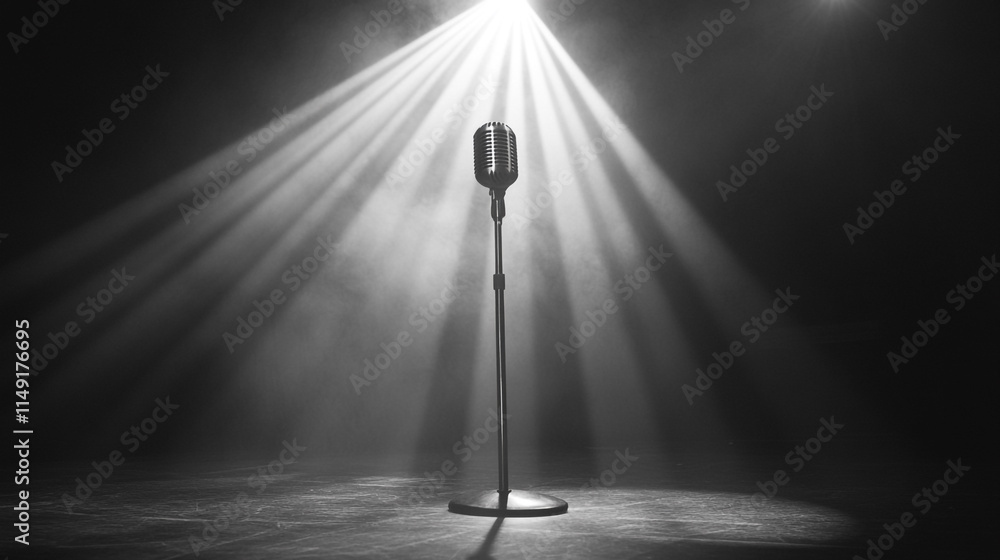 Poster spotlight shines on vintage microphone in empty performance space.