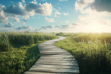 Fototapeta premium Serene Wooden Pathway Through Lush Meadow