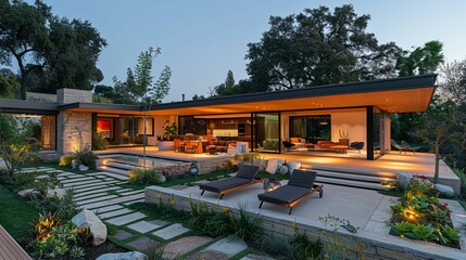 Fototapeta premium Modern Ranch House with Expansive Patio and Lush Landscaping at Dusk