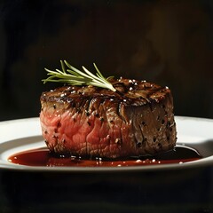 Succulent filet mignon steak on a plate with a rich, caramelized crust and served with vegetables