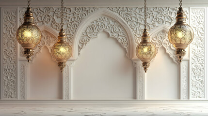 Fototapeta premium Elegant interior featuring ornate wall carvings and decorative hanging lanterns.