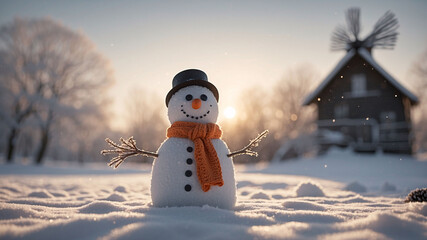 Obraz premium Twilight scene with smiling snowman wearing orange knitted scarf and black hat in snowy field with pine trees and snowfall