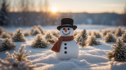 Fototapeta premium Twilight landscape with snowman in orange scarf and black hat surrounded by snow-covered pine trees