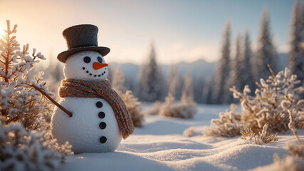 Obraz premium Twilight scene with smiling snowman wearing orange knitted scarf and black hat in the snowy forest surrounded by tall pine trees