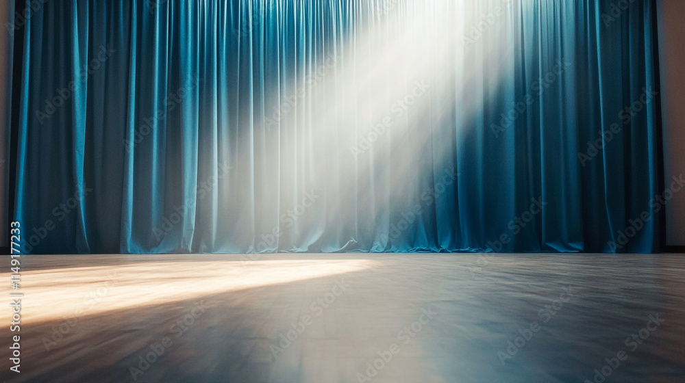 Poster stage illuminated by soft light with blue curtains in a performance venue.