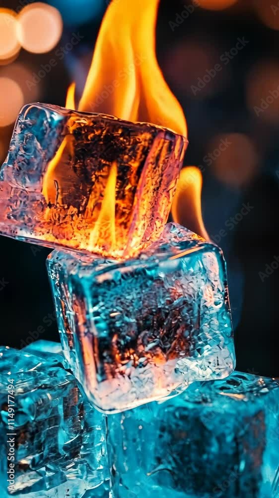 Poster flames and ice create a striking visual contrast in an artistic composition of burning ice cubes