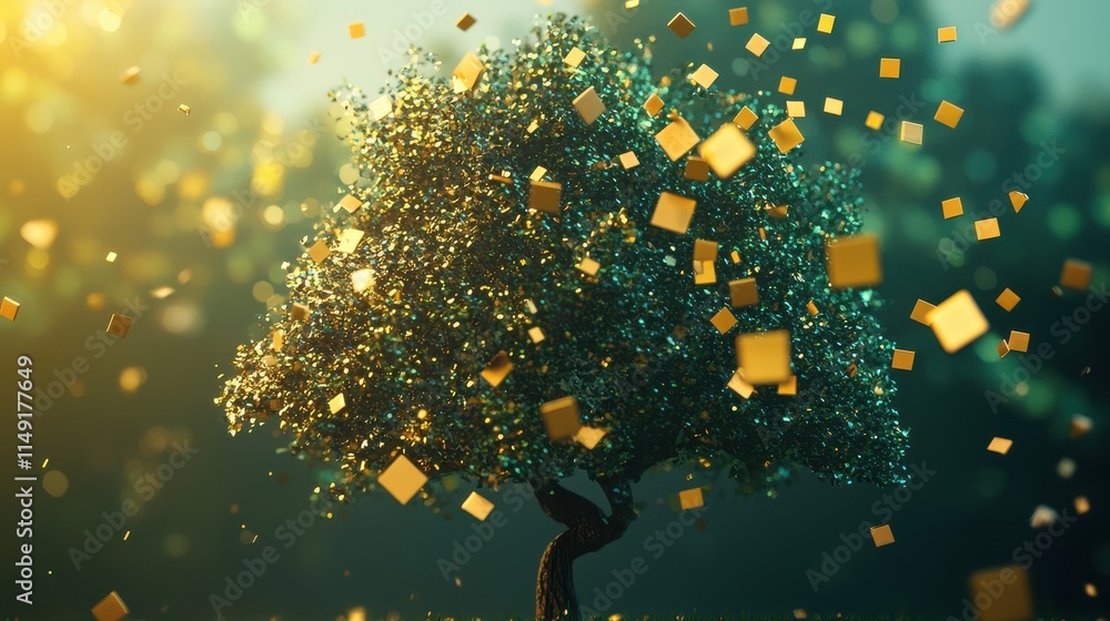 Poster magical tree with floating golden squares in enchanting atmosphere