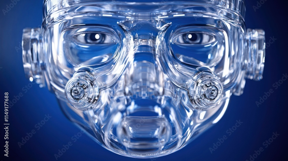 Poster close-up of a transparent robotic head with visible internal mechanisms and expressive eyes against 