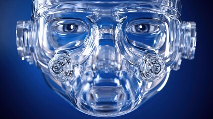 Close-up of a transparent robotic head with visible internal mechanisms and expressive eyes against a blue background.