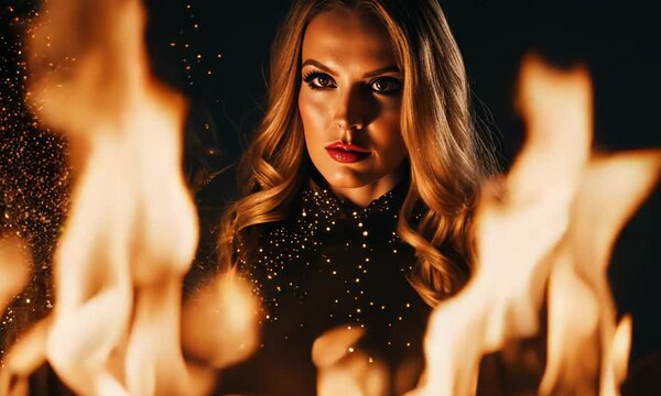 Woman with long hair partially obscured by flames.