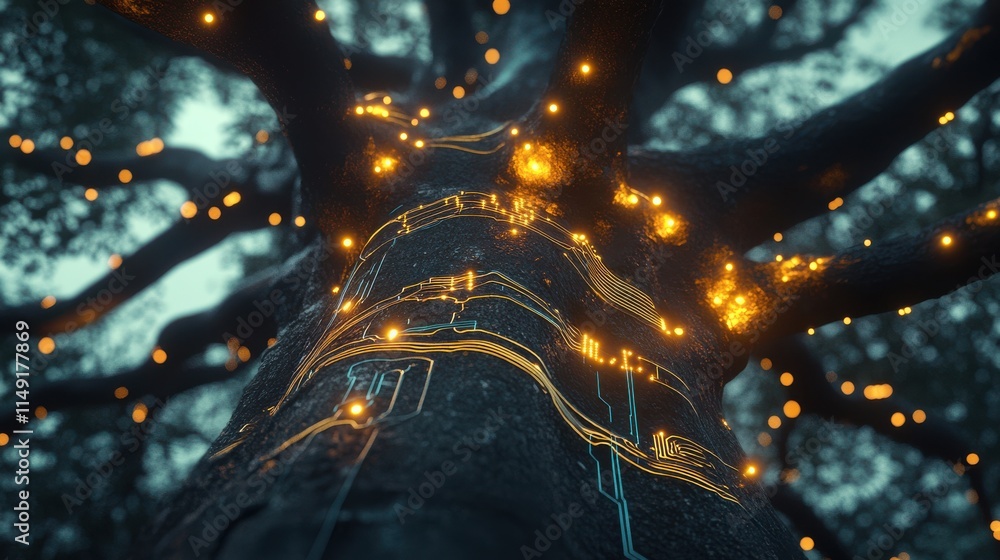 Poster illuminated tree with circuitry design and glowing lights